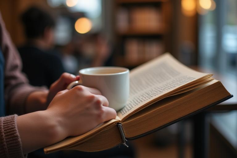 カフェで本を読みながらコーヒーを飲む人の手元に、ミニマリストウォッチが着けられている。